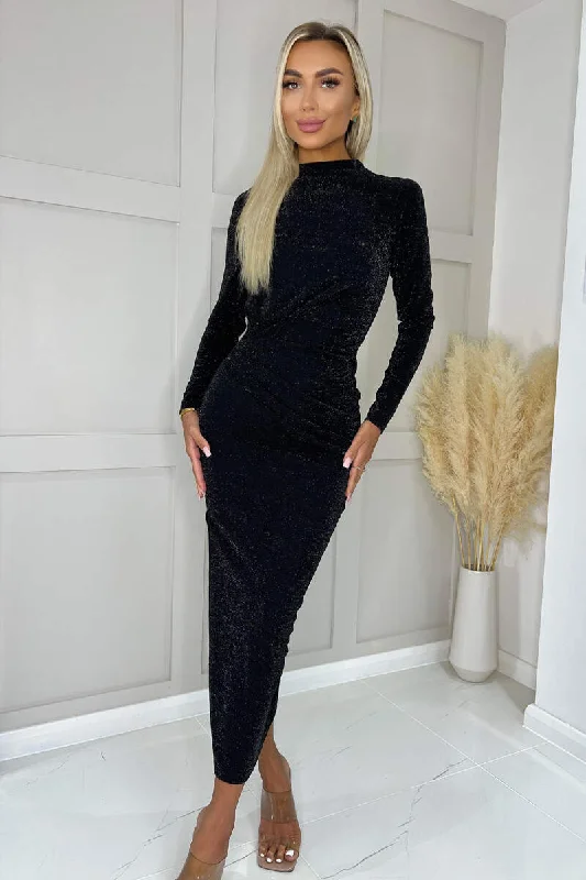 Ruffled Women Dress with Multiple Layers for a Playful and Girly StyleBlack Sparkly Long Sleeve Ruched Bodycon Midi Dress