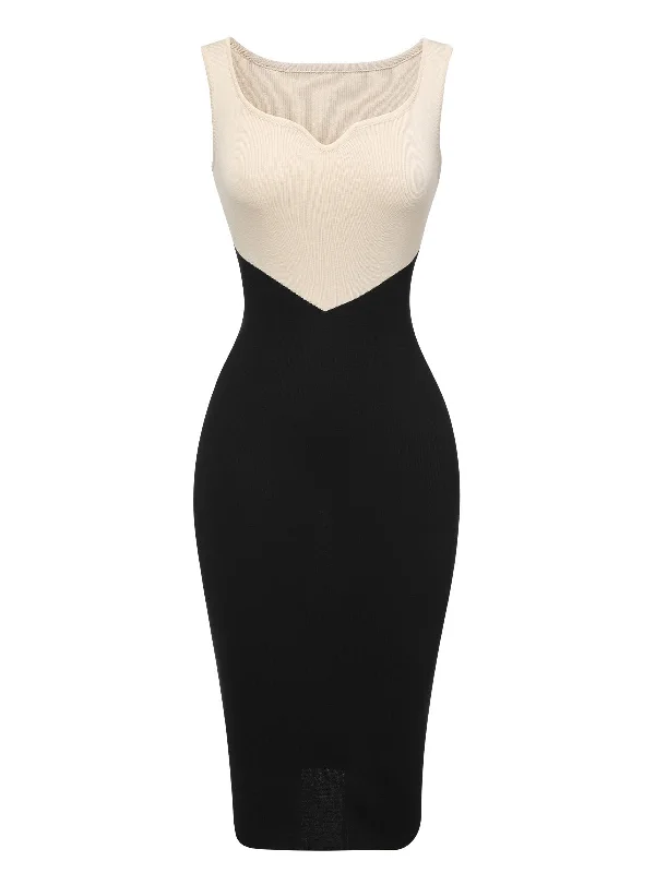 Sheath Women Dress with a Tailored Fit for a Professional LookBlack & White 1960s Sweetheart Neck Patchwork Knit Dress