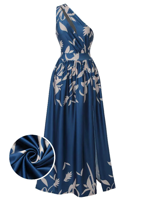 Mermaid - Style Women Dress with a Fitted Silhouette for Special OccasionsBlue 1940s One-Shoulder Plants Slit Dress