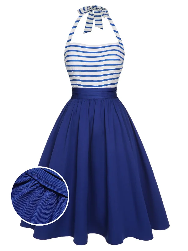 Ruffled Women Dress with Multiple Layers for a Playful and Girly StyleBlue 1940s Striped Patchwork Halter Dress