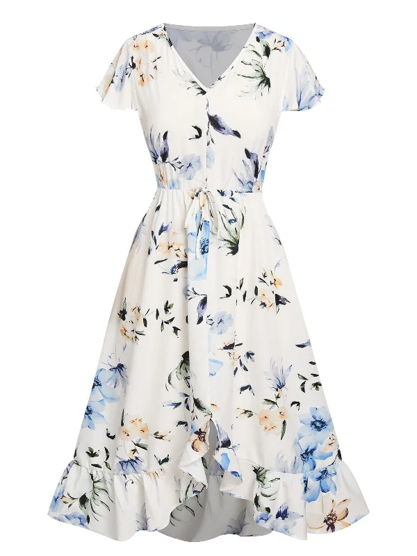 Maxi Women Dress with Floral Print for a Bohemian VibeBlue 1940s Vague Floral V-Neck Cap Sleeve Dress