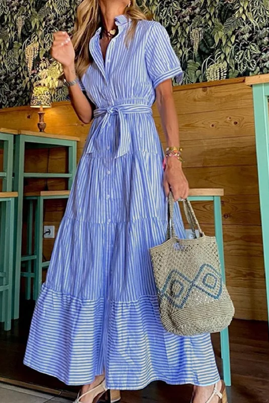 Ball Gown Women Dress with a Full Skirt for a Princess - like LookBlue Striped Button Front Belted Shirt Collar Maxi Dress