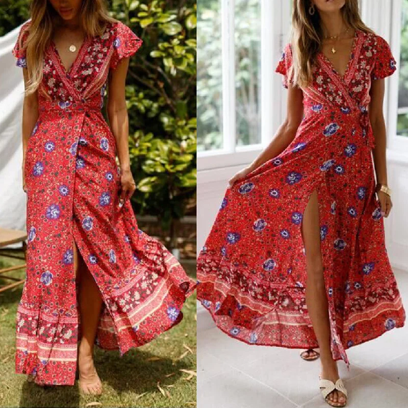 Mermaid - Style Women Dress with a Fitted Silhouette for Special OccasionsBohemia Women Summer Elegant Clothes Sexy Floral Printed Deep V Neck Long Dress Ladies Dressess Casual Vestido De Festa Longo 10