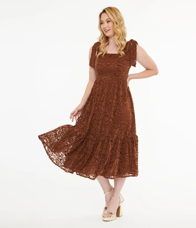 Long - Sleeve Women Dress in Velvet for a Luxurious Winter LookBrown Velvet Lace Midi Dress