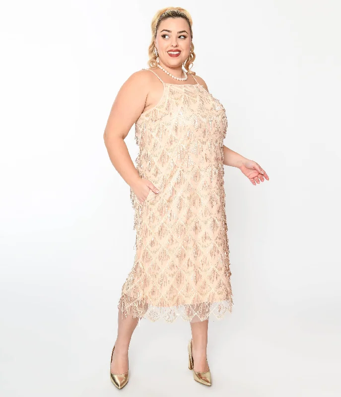 Strapless Women Dress with a Built - in Bra for Comfort and Support1920s Champagne Sequin Fringe Midi Dress