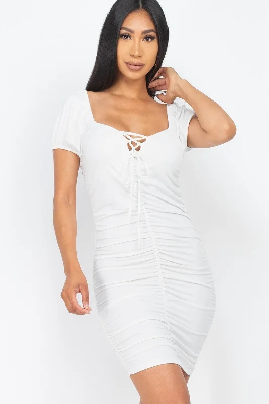 Empire Waist Women Dress to Accentuate the Bust and Conceal the WaistFront Lace Up Ruched Mini Dress