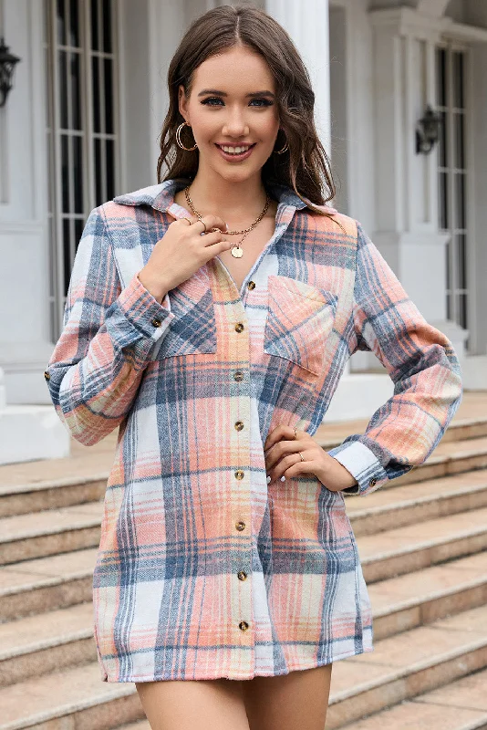 Backless Women Dress for a Sexy and Alluring Look at Evening EventsCollared Neck Long Sleeve Plaid Pocketed Shirt