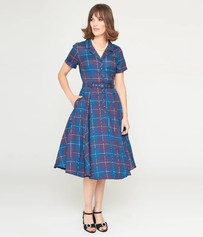 Ruffled Women Dress with Multiple Layers for a Playful and Girly StyleCollectif Teal & Purple Checkered Caterina Swing Dress