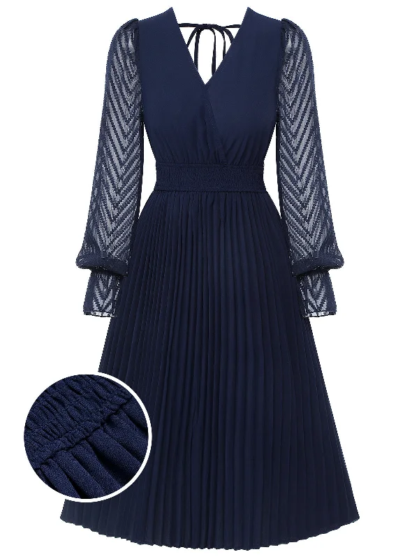 Plus Size Women Dress with a Flattering A - Line Cut for Comfort and StyleDark Blue 1960s Jacquard V-Neck Bishop Sleeve Dress