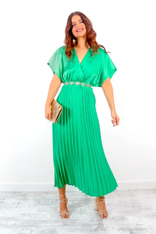 Off - the - Shoulder Women Dress for a Romantic and Feminine LookEternal - Green Pleated Satin Midi Dress