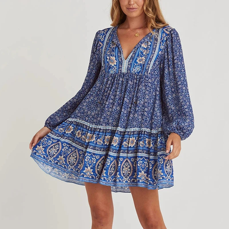 Printed Abstract Women Dress for a Modern and Artistic AppealFashionSierra-Blue Cotton  Floral Print  Tunic  Mini  Women  Long Sleeve  Robe  Autumn  Short  Femme  Vintage  Loose  Vestidos Boho Dress