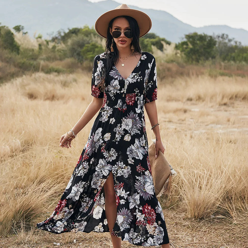 Backless Women Dress for a Sexy and Alluring Look at Evening EventsFashionSierra-Bohemian  Cotton Floral Print  Long  Women  V-neck  Short Sleeve  Casual  Vestido  Robe  Elegant  Summer Boho Dress