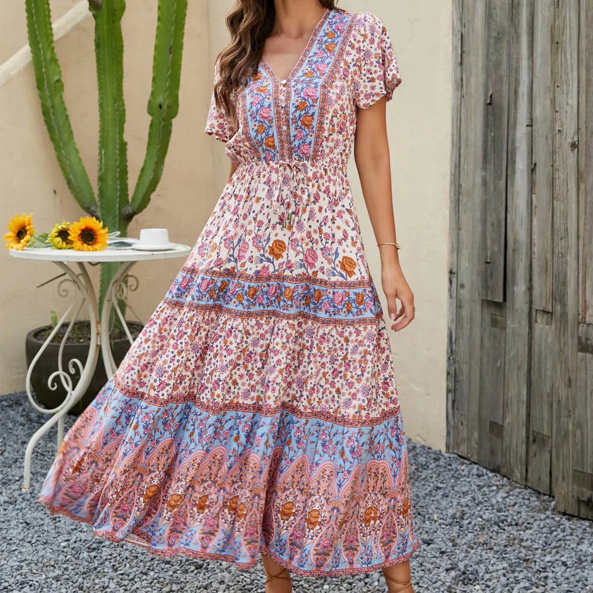 Wrap - Style Women Dress with Adjustable Fit for All Body TypesFashionSierra-Casual  Short Sleeve  Long  Women  Vintage  Deep V  High Waist  Summer  2024  Beach Wear  Floral Print  Vestidos  Boho Dress