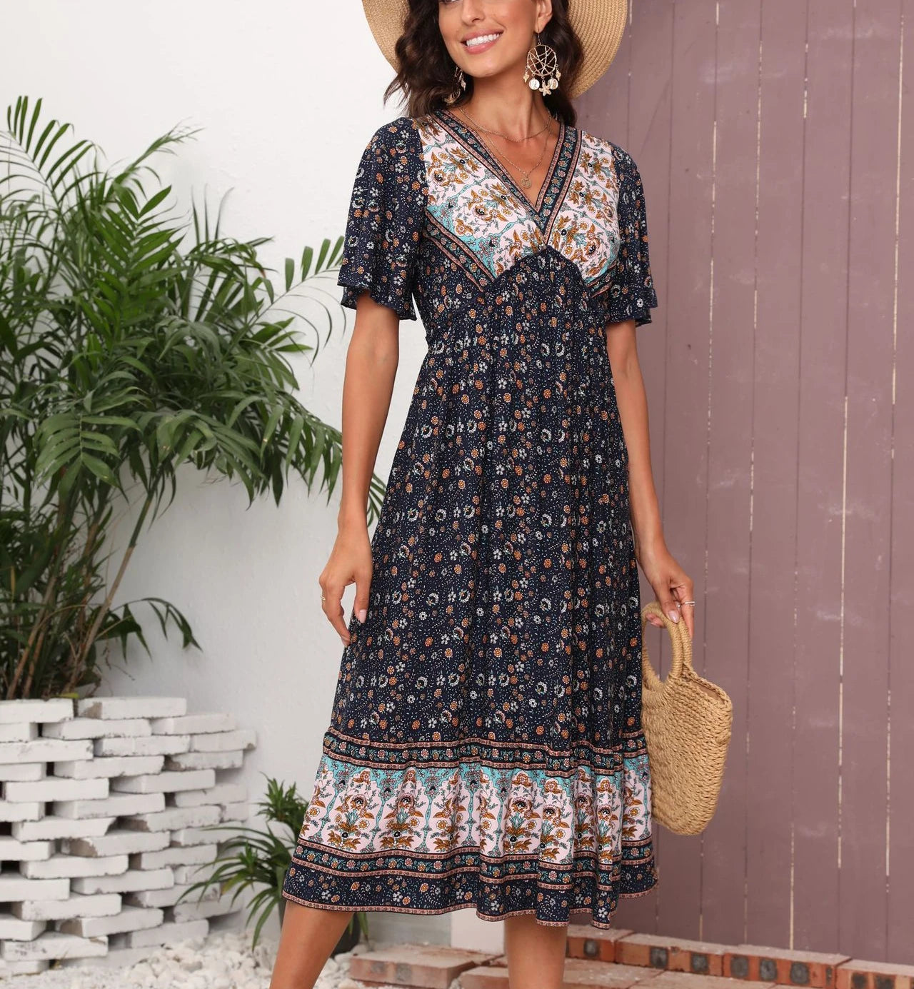 Halter Neck Women Dress to Show Off the Shoulders and NecklineFashionSierra-Casual  Short Sleeve  Maxi  Women  Summer  2024  Vintage  Deep V  Floral Print  Beach Wear  Loose  Vestidos Boho Dress