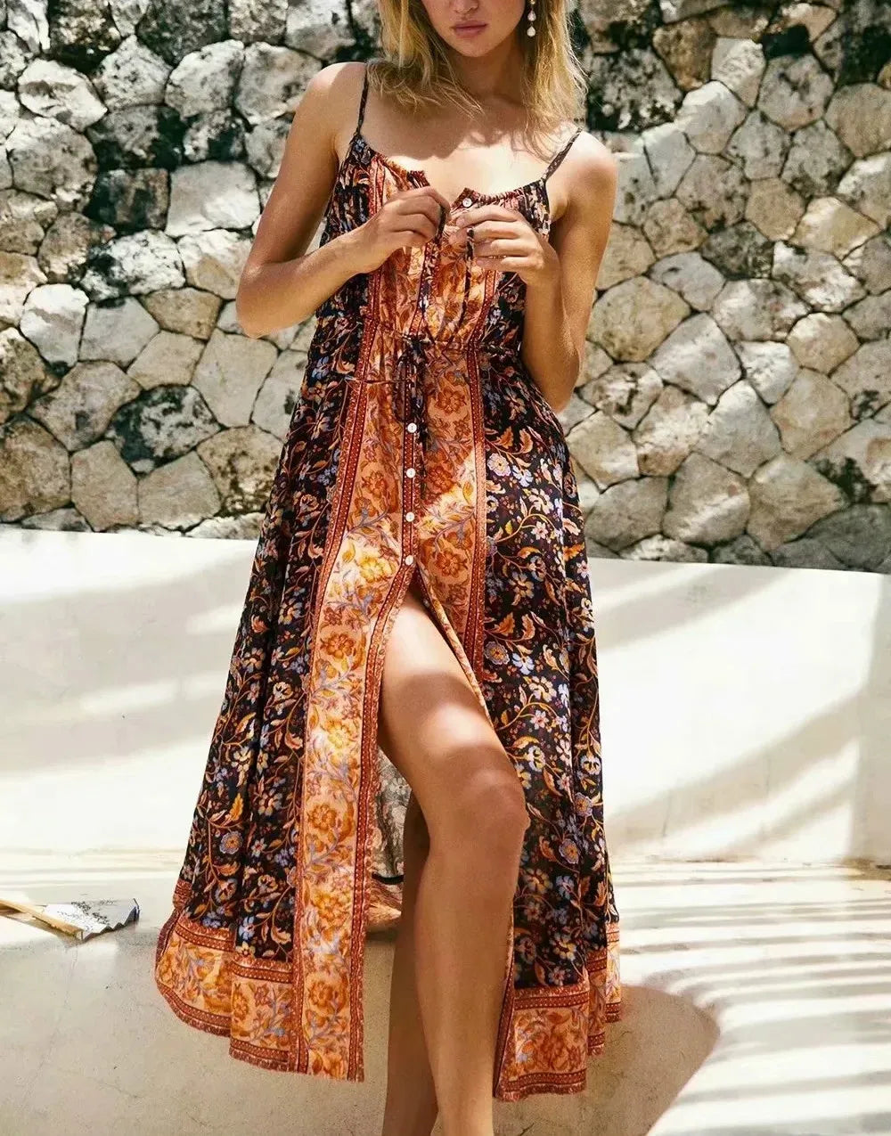 Ruffled Women Dress with Multiple Layers for a Playful and Girly StyleFashionSierra-Cotton Rayon  Floral Print  Midi  Summer  Beach  Vestidos  2024  Sleeveless  Strap  Vintage  Casual  Long  Women Boho Dress