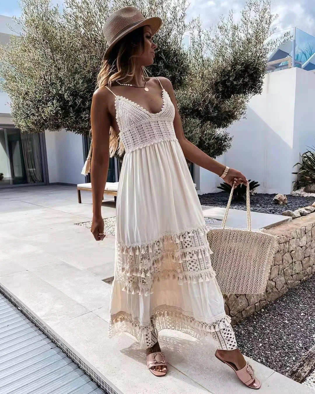 Mermaid - Style Women Dress with a Fitted Silhouette for Special OccasionsFashionSierra-Crochet Lace  Long Strap  Women  Robe  Vintage  Deep V-neck  Sleeveless  Summer  Beach  Casual  Ladies  Vestidos Boho Dress