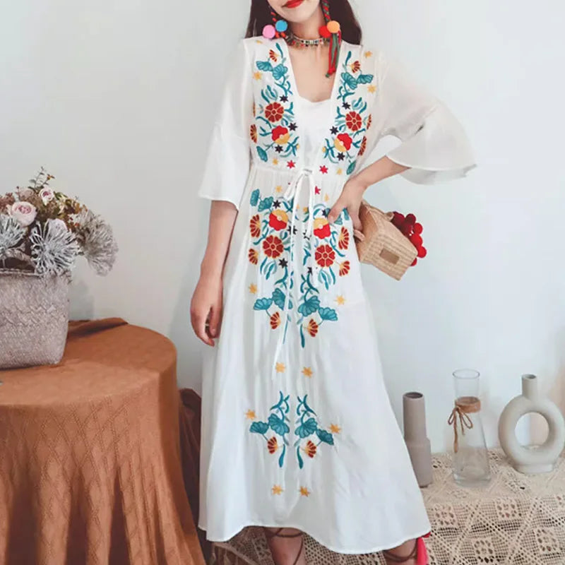 Maxi Women Dress with Floral Print for a Bohemian VibeFashionSierra-Ethnic Embroidery  Cotton Rayon  Women  Robe  Casual  V-neck  Flare Sleeve  Long  Summer  Beach  Loose  Vestidos Boho Dress