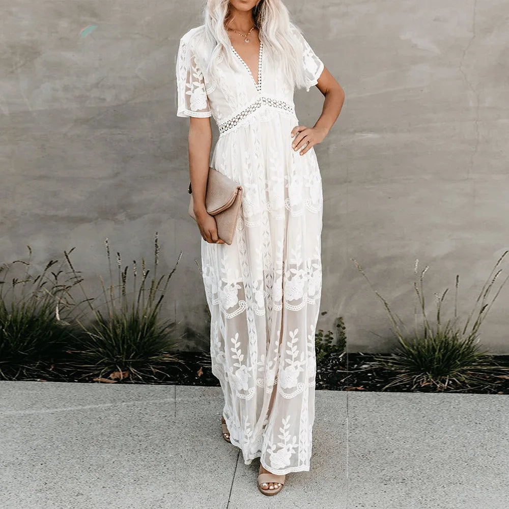 Sheath Women Dress with a Tailored Fit for a Professional LookFashionSierra-Lace Maxi  Women  Vintage  White  Deep V Neck  Long  Summer  Elegant  Floral Embroidery  Robe  Beach  Vestidos Boho Dress