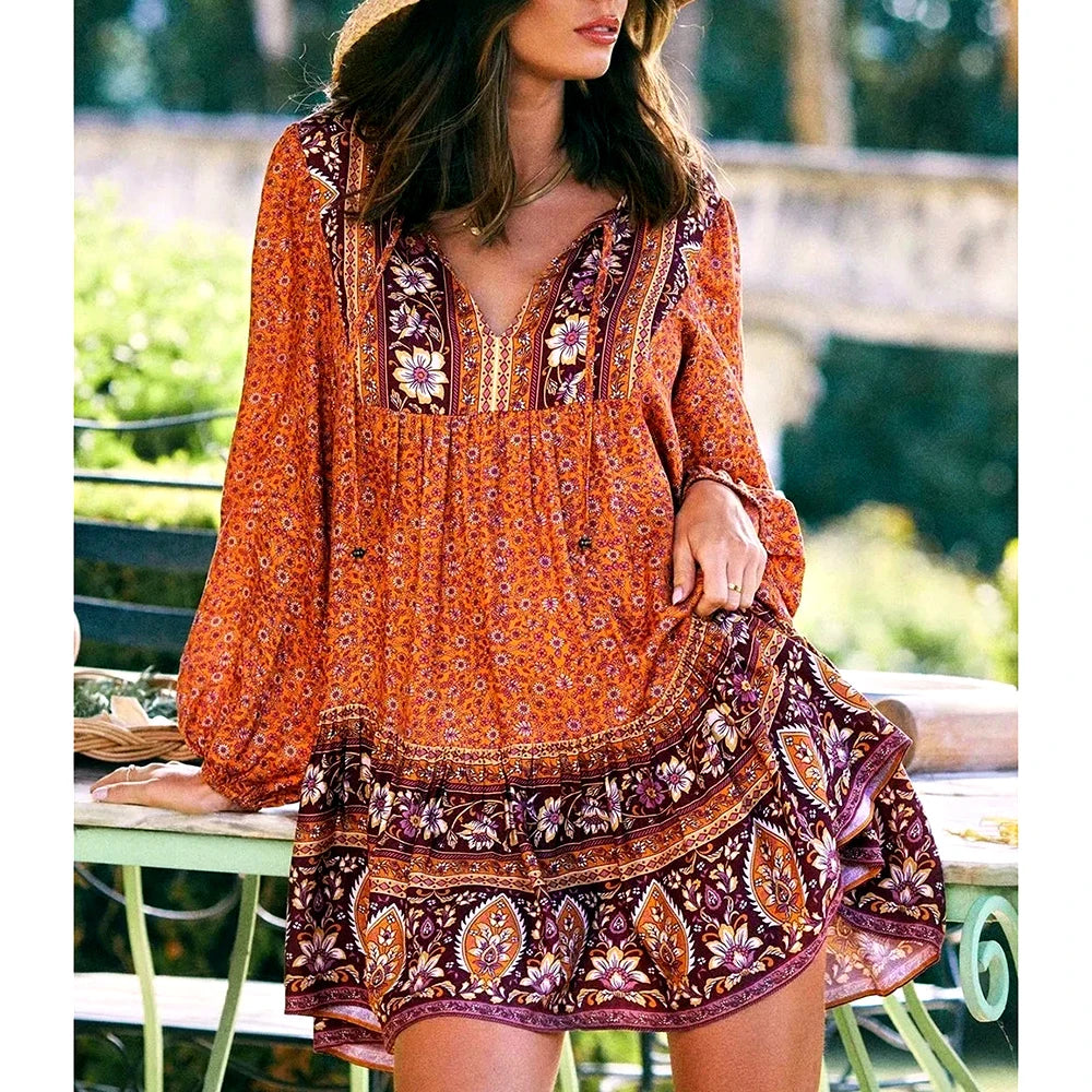 Off - the - Shoulder Women Dress for a Romantic and Feminine LookFashionSierra-Lantern Long Sleeve  Mini  Women  Floral Print  Tunic  Robe  Autumn  Short  Vintage  V-neck  Loose  Vestidos Boho Dress