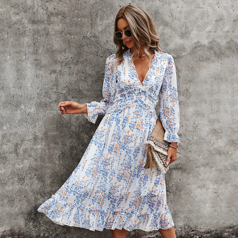 Empire Waist Women Dress to Accentuate the Bust and Conceal the WaistFashionSierra-Sexy  Floral Print  Deep V Neck  Long  Chiffon  Ruffle  Butterfly Sleeve  Spring  Holiday  Mid-calf  Vestidos  Boho Dress