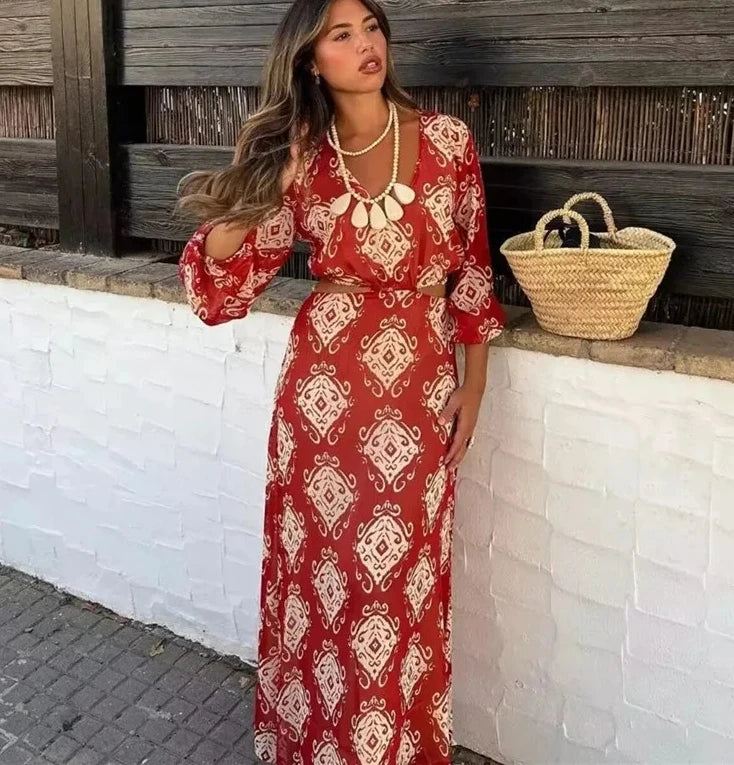 Maxi Women Dress with Floral Print for a Bohemian VibeFashionSierra-Sexy  Hollow Out  Backless  Maxi  Women  Long Sleeve  Chiffon Print  Beach  Summer  Casual  Long  Vestidos Boho Dress