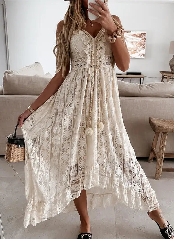 Ball Gown Women Dress with a Full Skirt for a Princess - like LookFashionSierra-Sexy  Sleeveless  Backless  Irregular Strap  Women  Robe  Vintage  Tassel  Floral Lace  Summer  Beach  Vestidos Boho Dress