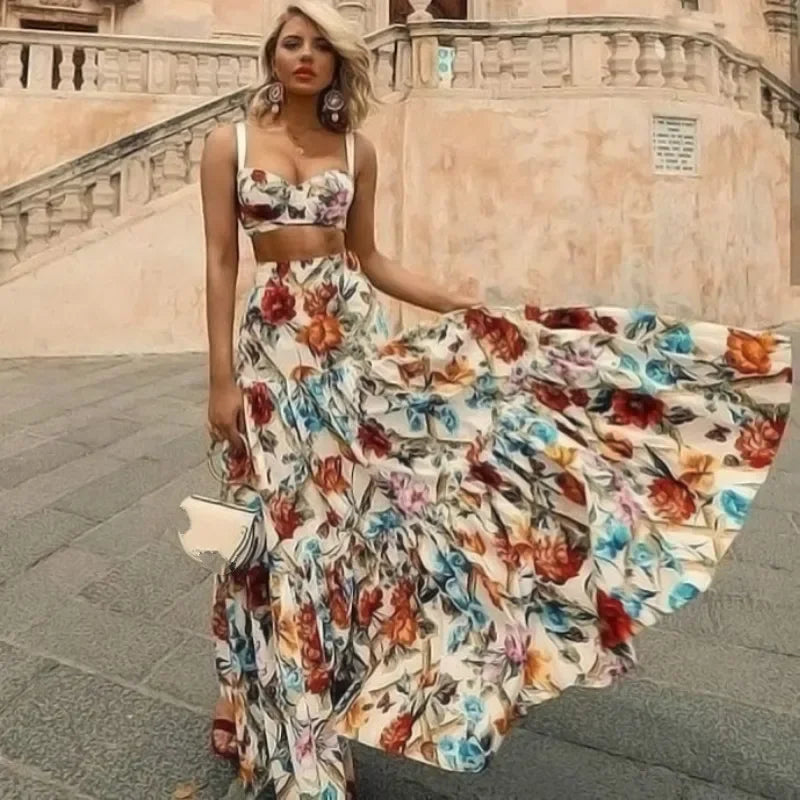 Strapless Women Dress with a Built - in Bra for Comfort and SupportFashionSierra-Sleeveless Maxi  Women  2 Piece Set  Vintage Floral Print  Bohemian  Summer  Vestidos  Beach  Robe  2024  3XL Boho Dress