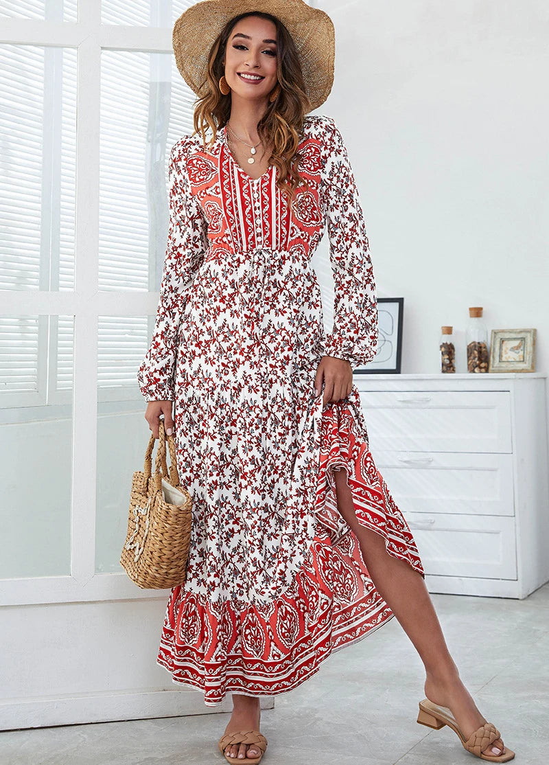 Ruffled Women Dress with Multiple Layers for a Playful and Girly StyleFashionSierra-Vintage  Cotton Rayon  Ethnic Floral Print  Maxi  Women  Robe  Casual  Long Sleeve  Autumn  V-neck  Vestidos Boho Dress