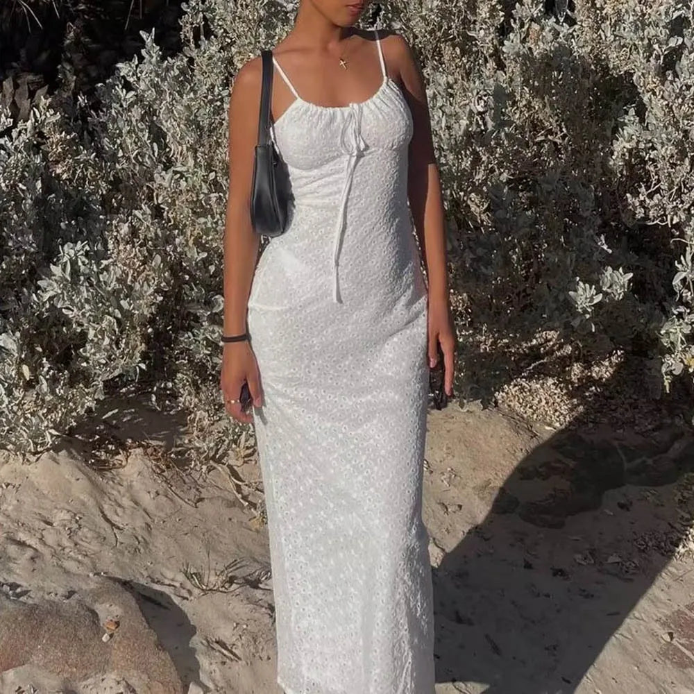 Ball Gown Women Dress with a Full Skirt for a Princess - like LookFashionSierra-Vintage  Cotton White Embroidery  Strap  Lace  Women  Sexy  See through  Sleeveless  Beach  Summer  Vestidos Boho Dress