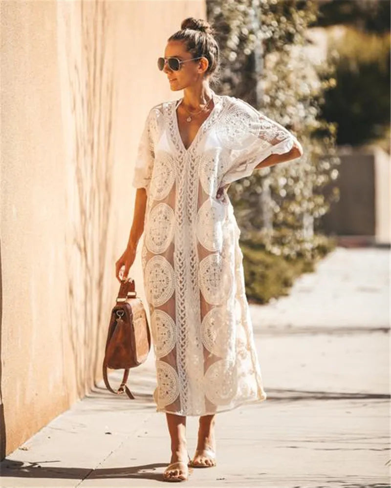 Plus Size Women Dress with a Flattering A - Line Cut for Comfort and StyleFashionSierra-White Lace  Kaftan  Beach Long  Women  Vintage  Sexy  See Through  Summer  Vestidos  Tunic  Robe  Bikini Cover Up Boho Dress