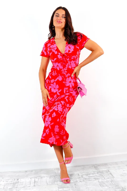 Mini Women Dress with a Short Hem for a Young and Trendy StyleFloral To See - Red Pink Floral Print Midi Dress