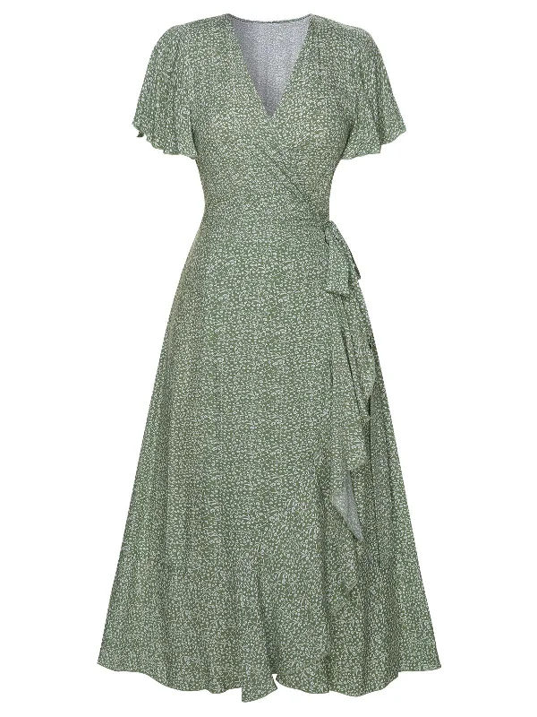 Mini Women Dress with a Short Hem for a Young and Trendy StyleGreen 1940s Ditsy Floral Flounce Sleeve Dress