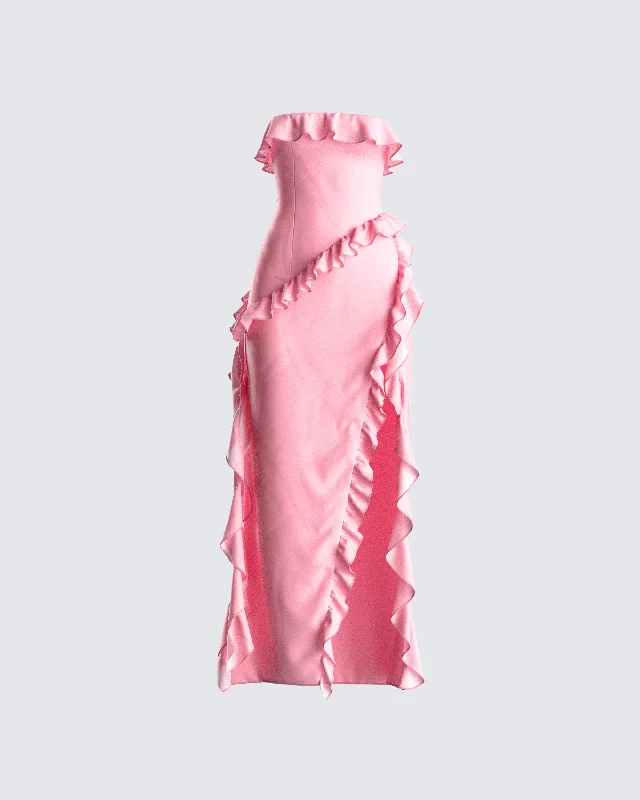 Backless Women Dress for a Sexy and Alluring Look at Evening EventsIna Pink Chiffon Ruffle Maxi Dress