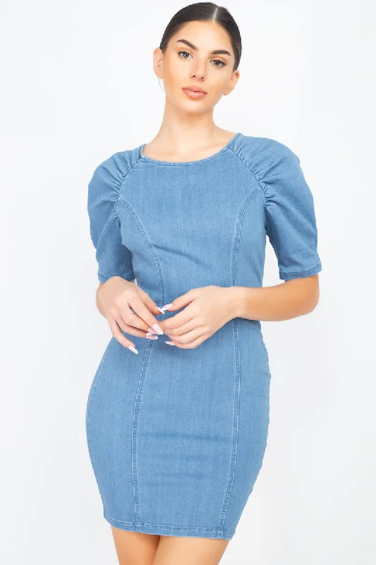 Ruffled Women Dress with Multiple Layers for a Playful and Girly StylePuff Sleeve Seamed Denim Dress