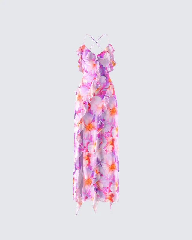 Off - the - Shoulder Women Dress for a Romantic and Feminine LookKenya Pink Floral Ruffle Maxi Dress