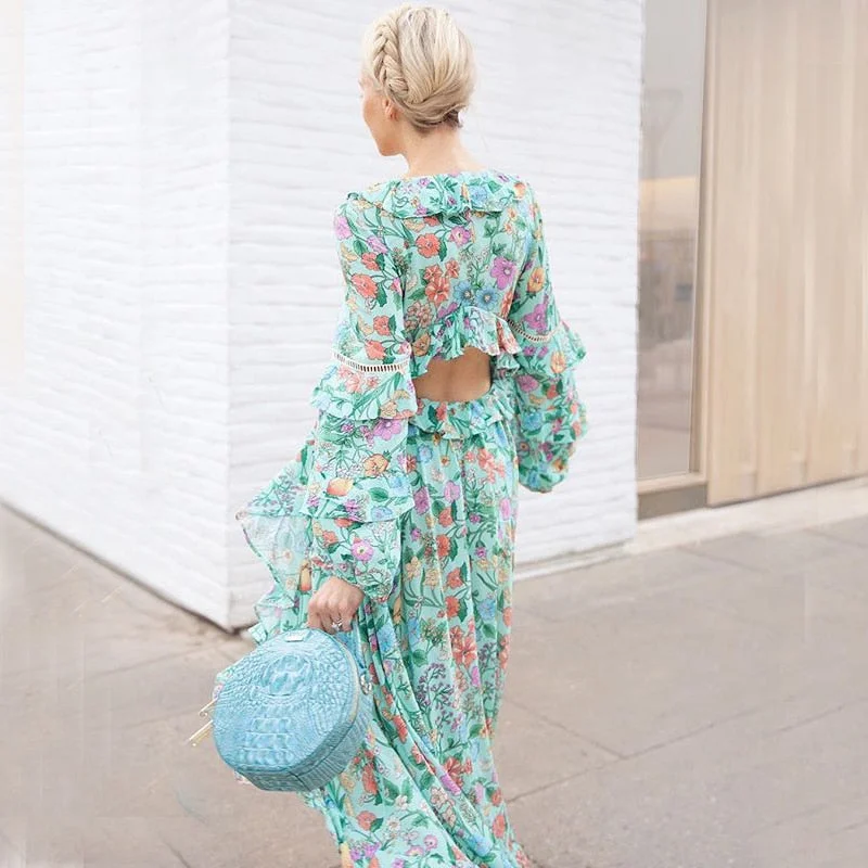 Ball Gown Women Dress with a Full Skirt for a Princess - like LookKhale Yose Autumn Maxi Dress Long Sleeve Backless Floral Print Boho Beach Women Dressess Cotton Ruffle Hippie Gypsy Sexy Gown