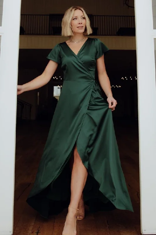 Ruffled Women Dress with Multiple Layers for a Playful and Girly StyleKrystal Satin Wrap Gown | Green