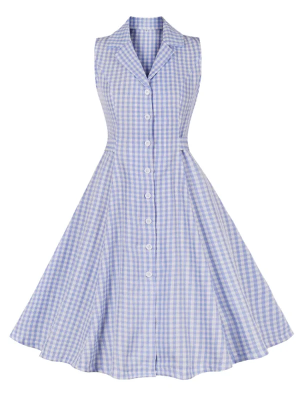 Ball Gown Women Dress with a Full Skirt for a Princess - like LookLight Blue 1940s Plaid Lapel Sleeveless Dress