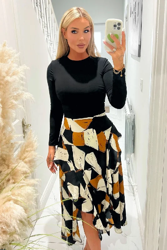 Off - the - Shoulder Women Dress for a Romantic and Feminine LookMulti Geometric Print 2 in 1 Long Sleeve Double Frill Split Midi Dress