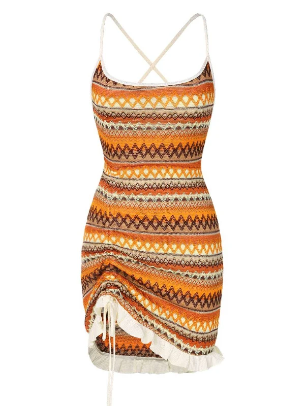 Sleeveless Women Dress in Bright Colors for Summer PartiesMulticolor 1960s Bohemian Drawstring Knit Straps Dress