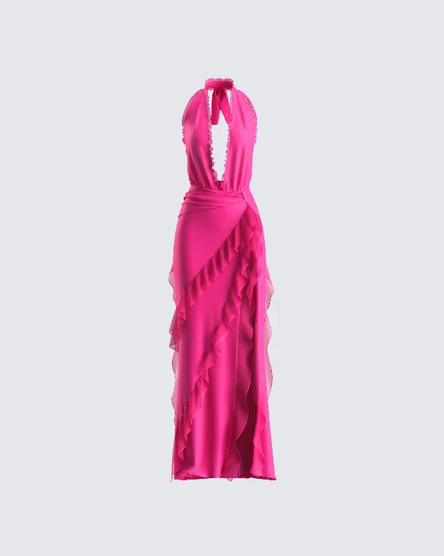 Sleeveless Women Dress in Bright Colors for Summer PartiesNandi Hot Pink Ruffle Maxi Dress