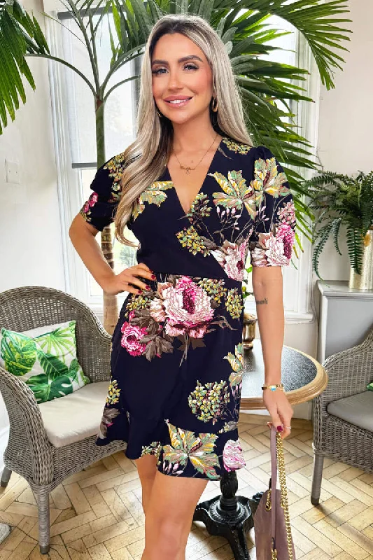 Printed Abstract Women Dress for a Modern and Artistic AppealNavy Floral Print Wrap Front Smock Mini Dress