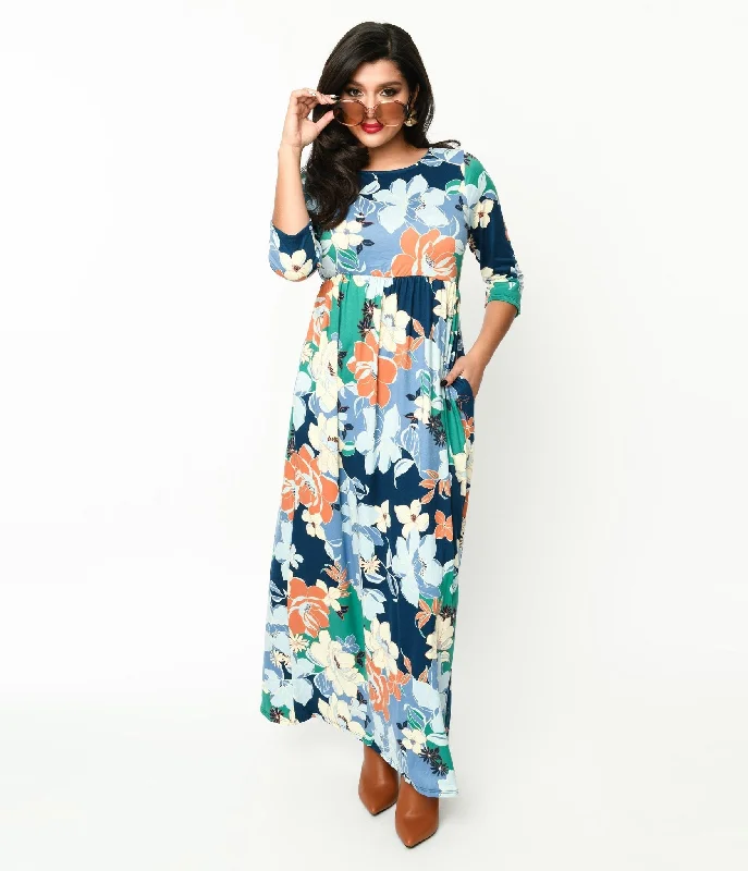 Pleated Women Dress with a Timeless and Elegant Texture1970s Navy & Multicolor Floral Knit Maxi Dress