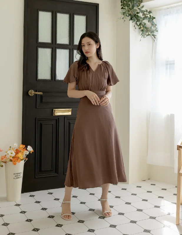 Pleated Women Dress with a Timeless and Elegant TextureOphelia Midi Dress in Brown