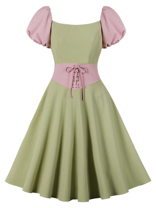 Ruffled Women Dress with Multiple Layers for a Playful and Girly StylePale Green 1950s Contrast Puff Sleeves Dress