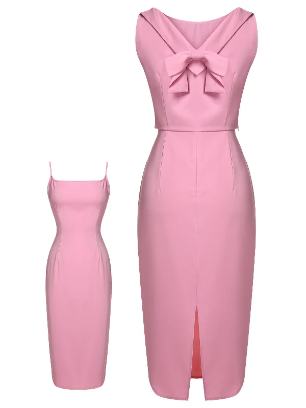 Sheath Women Dress with a Tailored Fit for a Professional Look2PCS Pink 1960s Lapel Bowknot Blouse & Solid Spaghetti Strap Dress