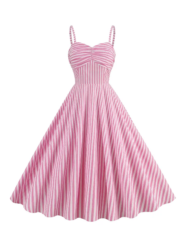 Ruffled Women Dress with Multiple Layers for a Playful and Girly StylePink 1950s Spaghetti Strap Stripes Swing Dress