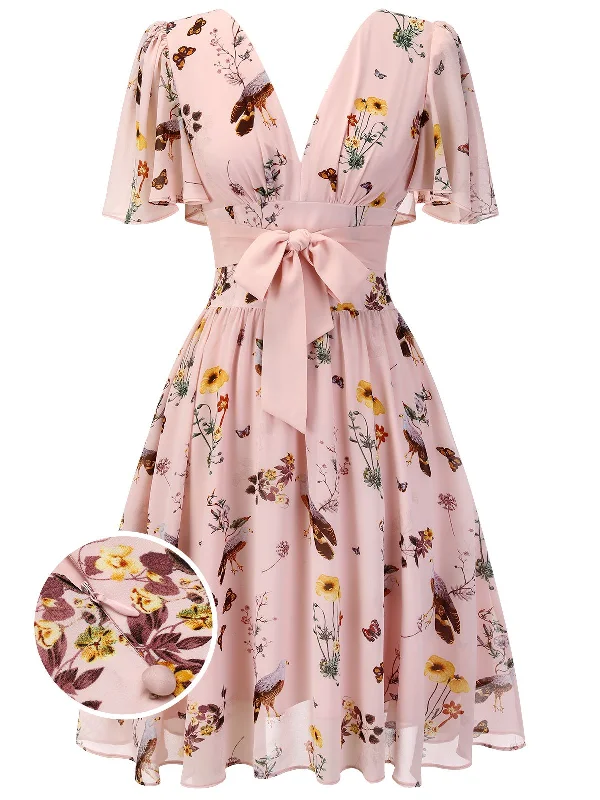 Ruffled Women Dress with Multiple Layers for a Playful and Girly StylePink Flowers And Birds Bowknot V-Neck Dress