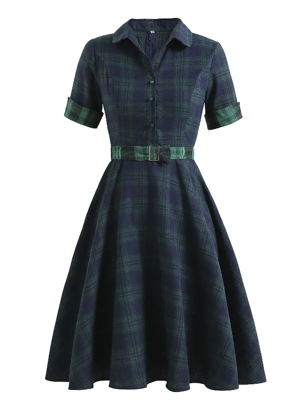 Ball Gown Women Dress with a Full Skirt for a Princess - like LookPlaids 1950s Buttoned Belted Swing Dress