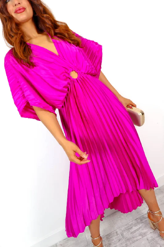 Sheath Women Dress with a Tailored Fit for a Professional LookPleat Me Better - Magenta Pleated Dip Hem Dress